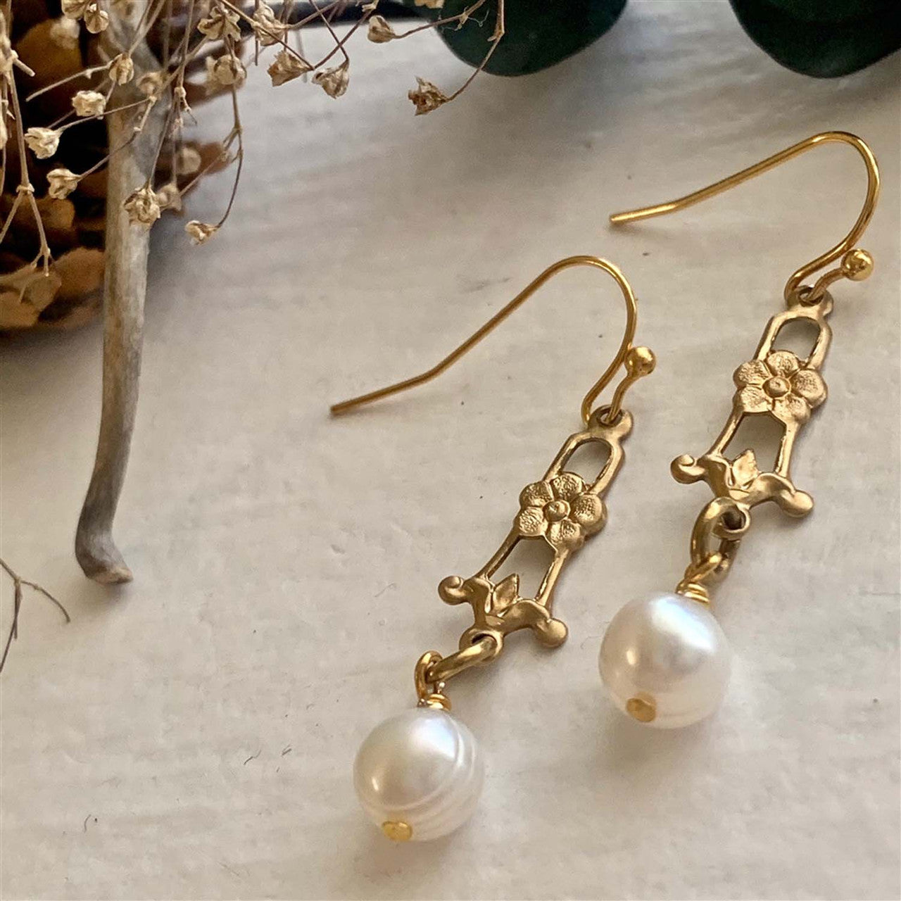 Pika and Bear | Freshwater Pearl and Filigree Drop Earrings